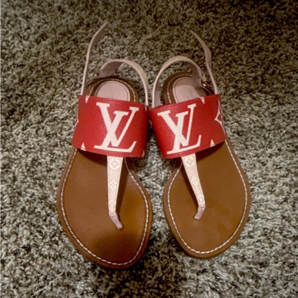 Louis Vuitton Red and Brown Logo Leather T-Strap Sandals